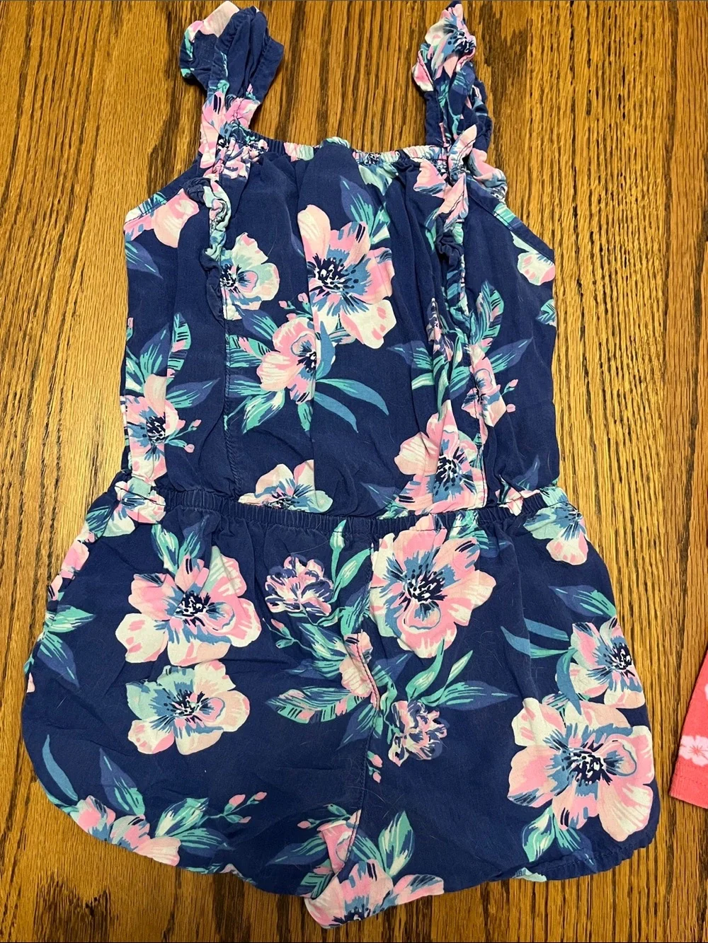 Navy Floral Romper & Pink Stitch Tank with Coral Shorts Set
